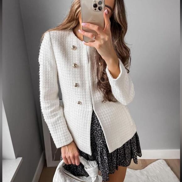 NWOT Zara Textured Tweed Ecru Blazer. Chanel style. Blogger fave. - Picture 1 of 15
